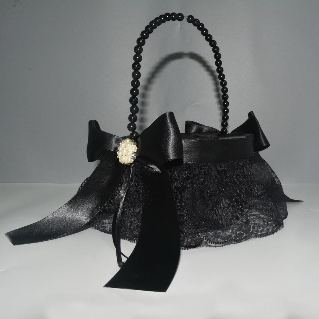 Black Flower Girl Basket for Wedding,Black Lace pearlsFlower Girl Baskets,Pearl Handle Bow Flower Basket,for Weddings,Parties and Home Decor.