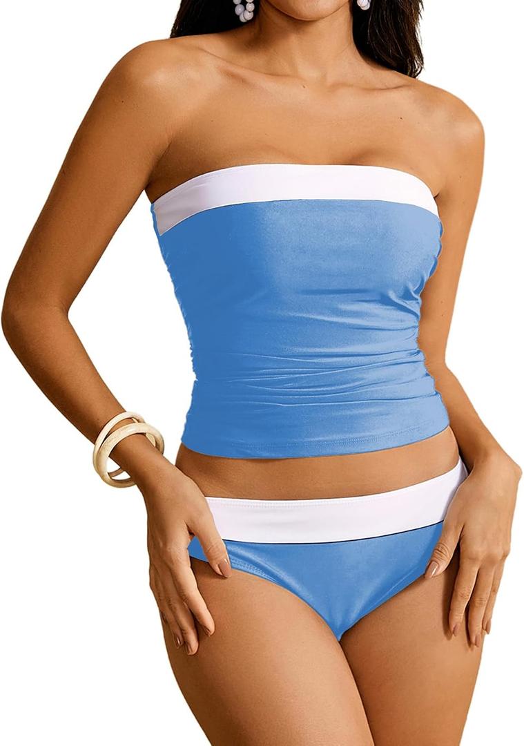 WDIRARA Women's 2 Piece Tankini Set Bandeau Strapless Bathing Swimsuit (XL)