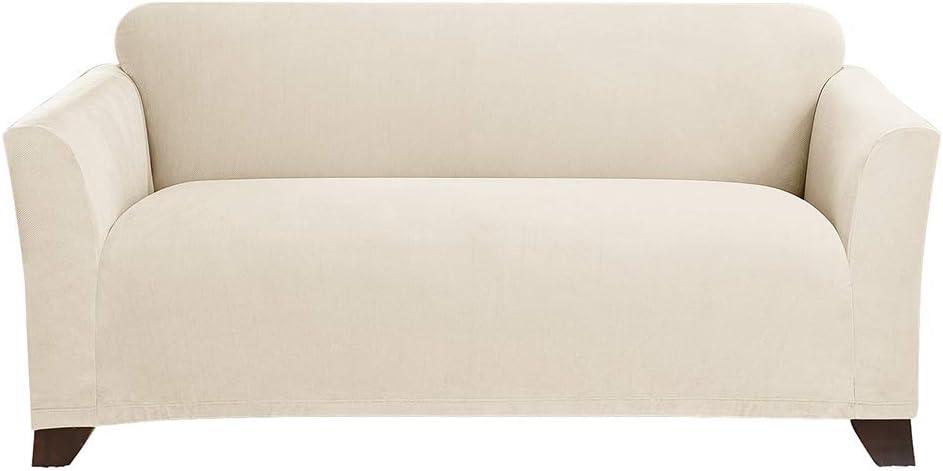 SureFit Form Fit Stretch Morgan Loveseat Slipcover - One Piece Polyester/Spandex Elastic Slipcover, Machine Washable (Loveseat Box Cushion, Ivory Color)