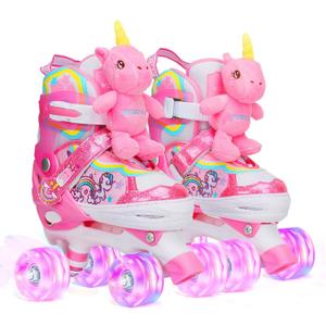 Dino Kids Toddler Roller Skates for Boys Girls,WESKIFAN Dinosaur Quad Skating Shoes with Shiny Light up Wheels&Adjustable Sizes Beginners rollerskates for Birthday Xmas Gifts (X-Small-Toddler(7C~10C), Doll-Pinkl)