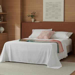 Double Stitch Cotton Tencel Sheet - Bed Sheets Set California King, 4Pc Luxury Hotel Bedding Set, Soft, Cooling & Breathable for Hot Sleepers, Deep Pocket Up to 16 Inches, Bright White Contrast