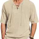 COOFANDY Men Linen Cotton Shirt Beach Lace Up V Neck Shirts Hippie Viking Meditation Tunic,XL