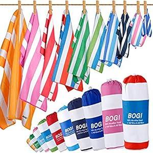 BOGI Microfiber Beach & Travel Sports Towel with Hand Towel-Quick Dry Lightweight Ultra Absorbent -Bath Beach Swim Camping Yoga Towel- Pouch+Carabiner (L:Hpink Stripe)