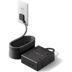 20Ft Long Extension Cord, Flat Plug Power Strip Surge Protector, 8 Outlet 4 USB Ports (2 USB C), Wall Mountable, Desk Charging Station for Home Office, College Dorm Room Essentials (Black)