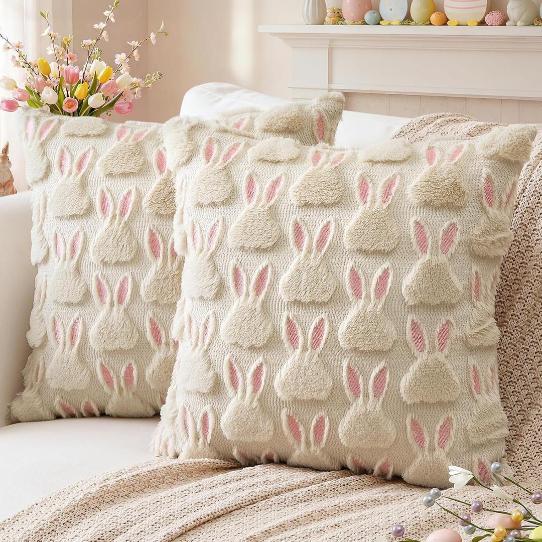 Artscope Easter Pink Rabbit Ears Pillow Covers 18x18 Set of 2 Decorative Easter Bunny Throw Pillow Cases Soft Plush Faux Fur Couch Cushion Case for Holiday Sofa Bed Room Home Decor-Beige