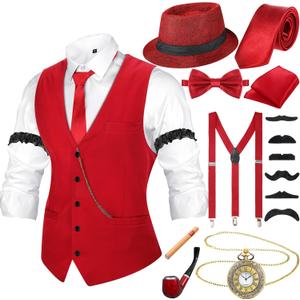 Neer 1920s Men Costume Accessories Outfit with Gangster Vest Hat Vintage Pocket Watch Bow Tie Suspenders Accessories (Small, Wine Red)
