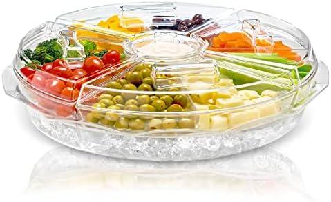 Chef's Star 16 Inch Clear Extra Large Acrylic Appetizer Serving Tray, 8 Compartment Vegetable Tray with Lid, Cocktail Serving Dish, Large Iced Food Platter for Lunch, Dinner, Picnics Parties