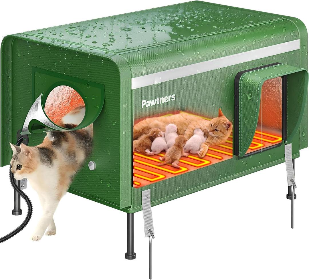 Pawtners Heated Outdoor Cat House for Outside Cats, 26'' XL Insulated Weatherproof Cat Shelter with Heated Pad, Elevated Feet & Escape Door, Warm Kitty House for Feral or Stray Cats in Winter (Green)