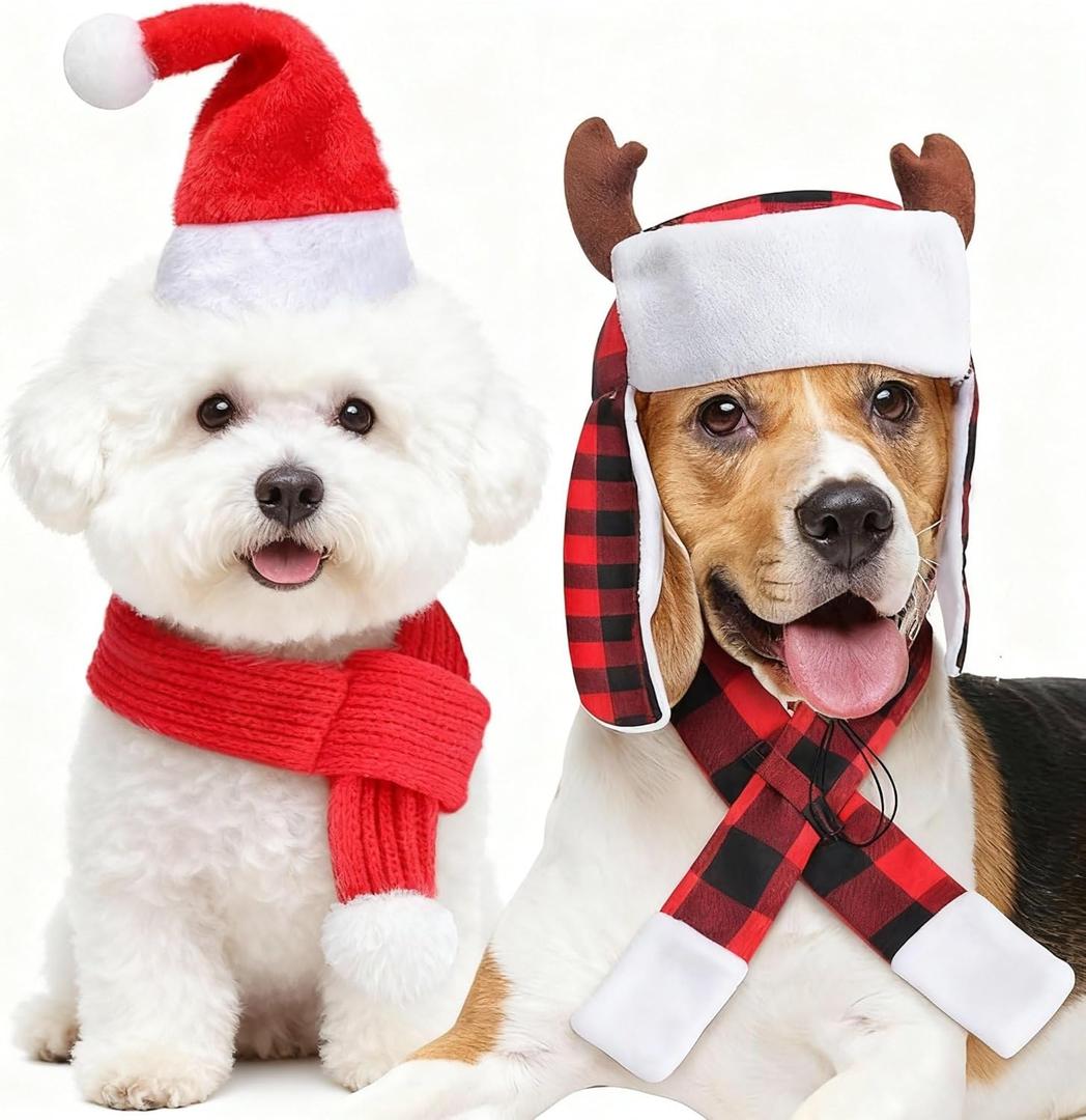 Shihanee 4 Pcs Santa Cap for Dog Christmas Scarf Set for Medium Large Dogs Santa Costume Adjustable Reindeer Antler Buffalo Check Hat with Scarf Winter Holiday Pet Christmas Costume Outfits