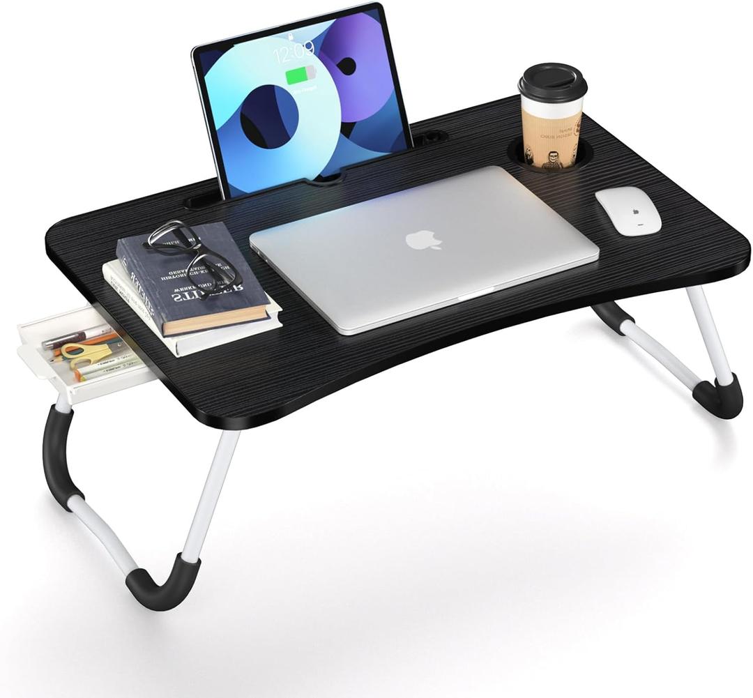 Foldable Laptop Bed Table Tray - Folding Lap Desk with Cup Holder - Portable Serving Breakfast Tray with Storage Drawer/Tablet Stand/for Working, Writing, and Eating on Bed, Sofa, or Floor 
