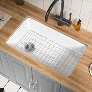 32 Inch White Fireclay Undermount Kitchen Sink Offset Drain, 32"x19"x10"