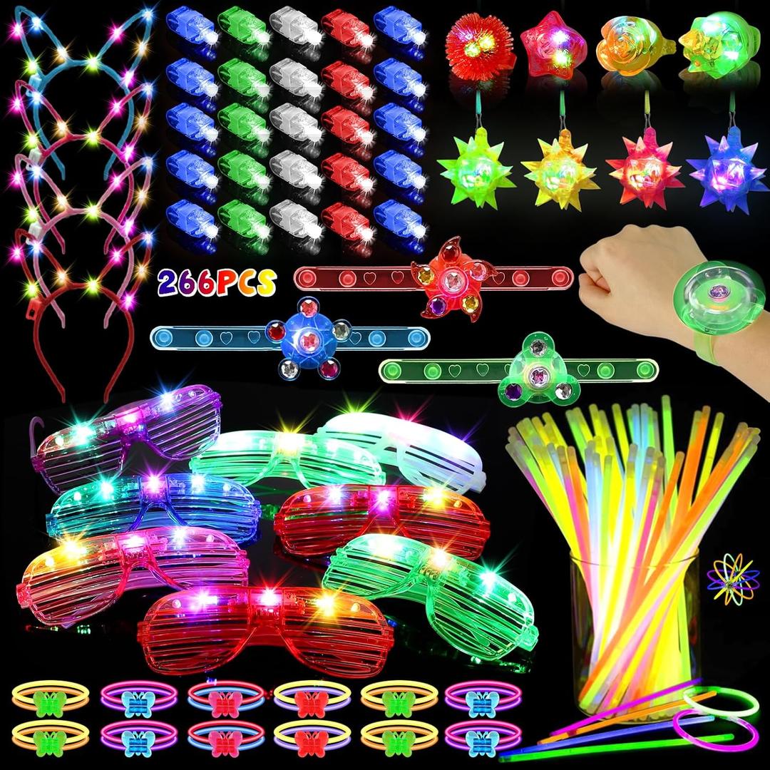 266PCS Glow in the Dark Party Supplies for Kids Adults, Light Up Party Favors LED Glasses, Headband,Rings,Finger Light,Bracelets,Meteor Necklaces,100 Glow Sticks Bulk DIY Necklaces Neon Party Supplies