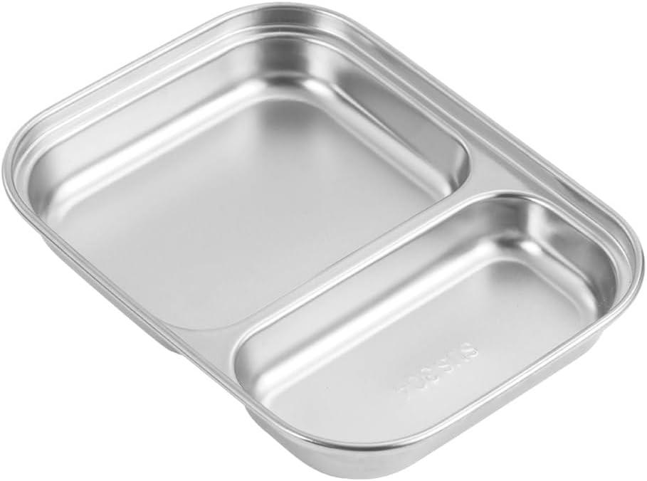 Angoily Stainless Steel Plate, 2 Grid Compartment Portion Control, Toddler Plate for Fruits, Snacks, Salads, Parties, Camping, Metal