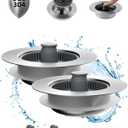 Hibbent 2 Pack Upgraded 3 in 1 Kitchen Sink Drain Strainer and Stopper Combo, Stainless Steel Metal Pop Up Sink Stopper, 6 Anti-Clogging Basket Strainers with Handle for US Standard 3-1/2 Inch Drain (Chrome+Grey)