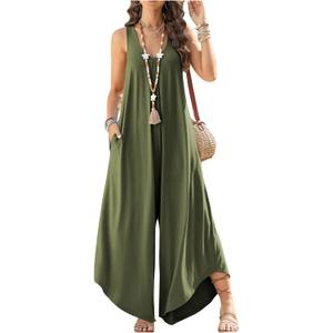 WDIRARA Women's Wide Leg Jumpsuit Loose Overalls V Neck Sleeveless Pants Romper with Pockets (Green, M)