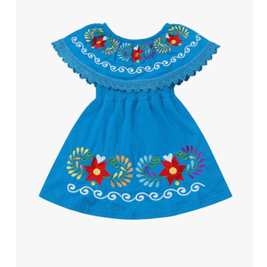 Kids Toddler Girls Traditional Mexican Off-Shoulder Floral Embroidered Drape Dress 4 Toddler Blue