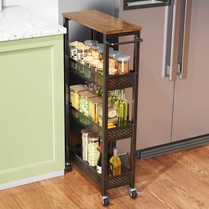 Slim Storage Cart 4-Tier Rolling Kitchen Utility Cart White Narrow Laundry Storage Cart on Wheels and Wood Table Top Mobile Shelving Unit Organizer Trolley for Bathroom Small Space 7.3" W