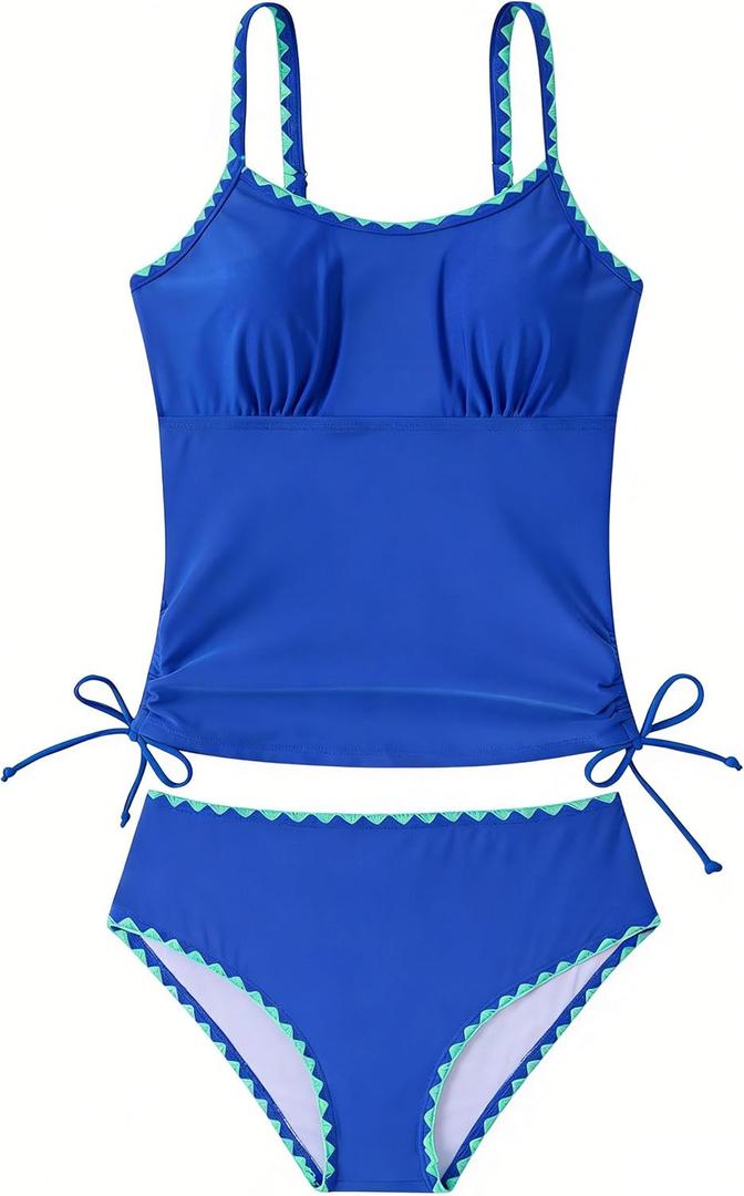 Funnycokid Teen Girls Swimsuit Padded Bathing Suit 2 Piece Tankini Contrast Trim Ruched Design Swimwear 9-16Y (15-16 Years, Blue)