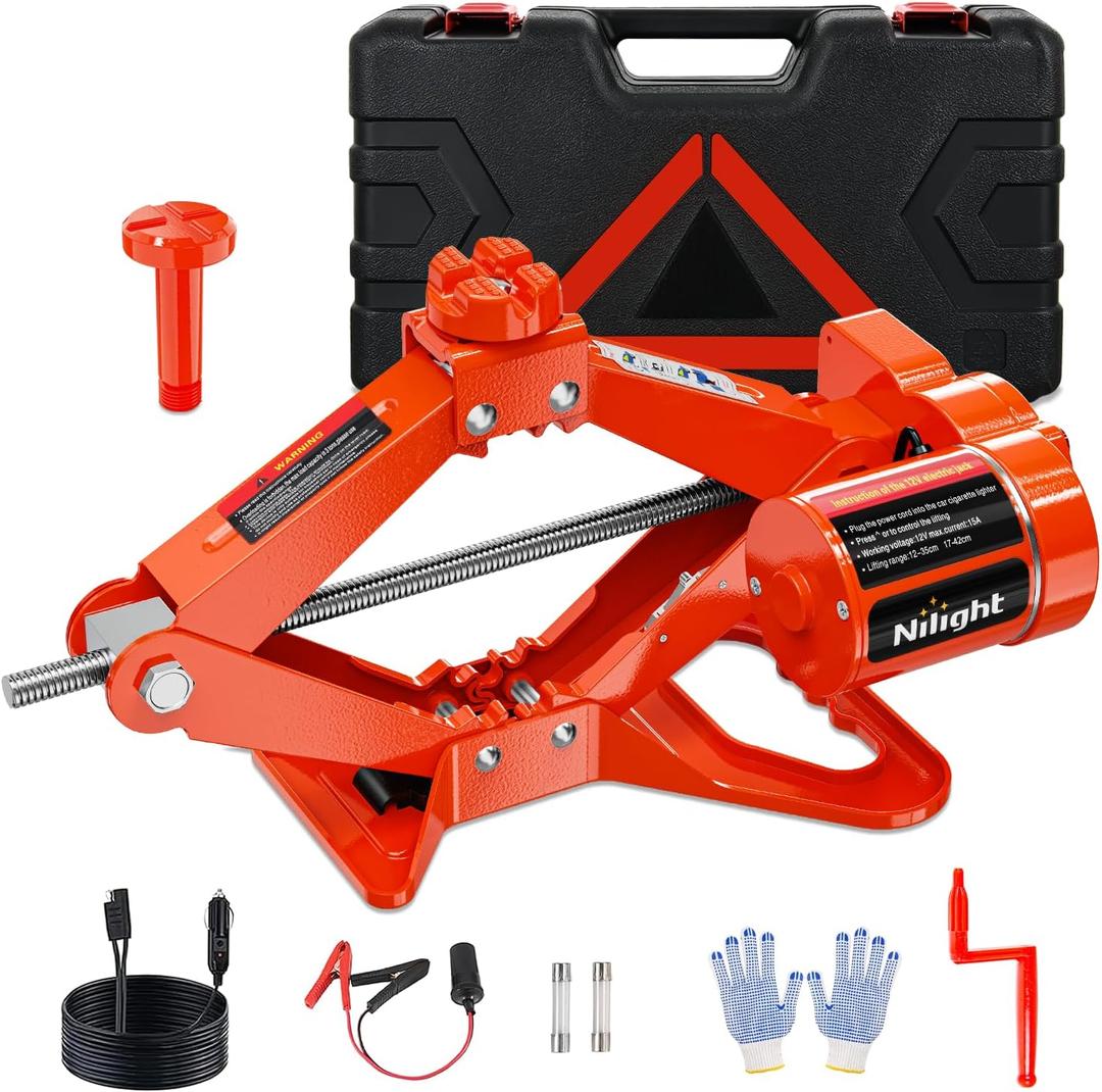 Nilight Electric Car Jack 3 Ton 6600LBS Floor Jack Kit Automatic 12V Electric Scissor Lift Jack Portable Repair Tool with Remote Control Double Jack Pads for Car Tire Change Replacement, Orange Red