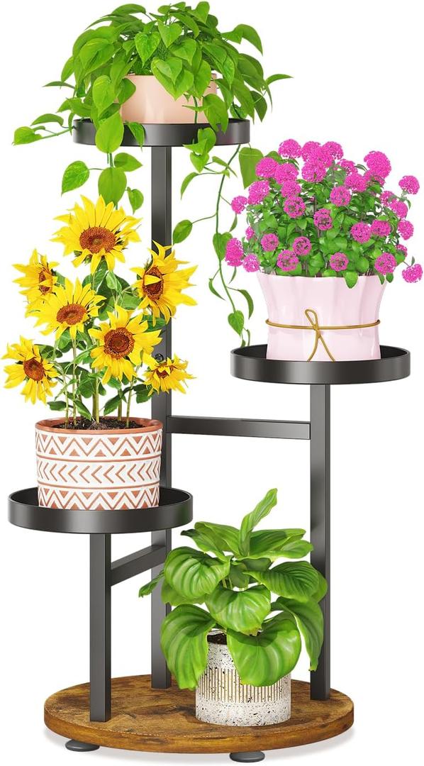 LASZOLA 3 Tier Metal Plant Stand for Indoor Corner, Heavy Duty Wooden Flower Holder Rack for Mutiple Plants, Planter Display Shelf for Patio Garden Balcony Living Room, Black