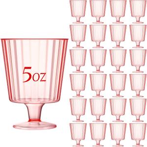 Reallnaive 24 Pcs 24 Pcs 5 oz Plastic Ribbed Goblet Wine Glasses with Stem, Reusable Retro Cups for Wine Bar Juice Baby Shower Wedding Reception Grand Event Party (Pink)