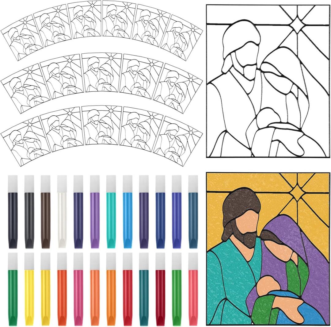 Remerry 16 Pcs DIY Nativity Suncatcher Vbs Faux Stained Glass Faith Based Christian Crafts Window Art Suncatcher Kit for Sunday School Vacation Bible Primary Spring Summer Party Activities