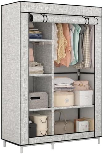Calmootey Portable Closet Organizers, Clothing Storage, Wardrobe with 6 Shelves and Hanging Rod, Non-Woven Fabric Cover with 4 Side Pockets, Ash Grey