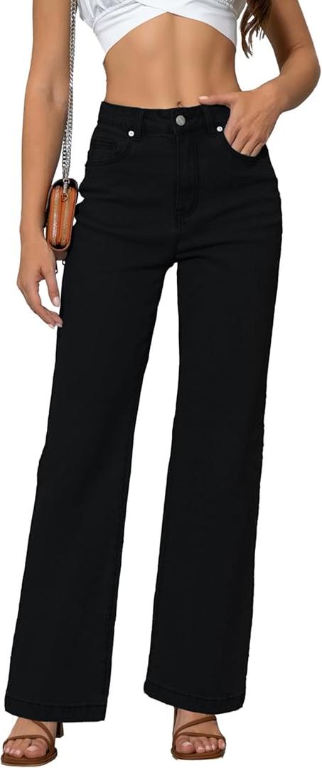 Womens Jeans Mid Waisted Straight Leg Loose Stretchy Lightweight Tummy Control Trendy Jeans for Women 2025 (Black, M)