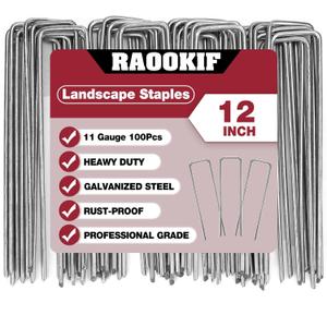 RAOOKIF 12 Inch Galvanized Garden Landscape Staples, 100Pcs Garden Metal Stakes, 11 Gauge Heavy Duty Ground Stakes for Decoration, Fence, Lawn, Fabric Pins
