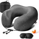MLVOC Travel Pillow 100% Pure Memory Foam Neck Pillow, Comfortable & Breathable Cover, Machine Washable, Airplane Travel Kit with 3D Contoured Eye Masks, Earplugs, and Luxury Bag, Standard (Black)