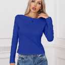 Dwnval Womens Cute Boat Neck Long Sleeve Crop Tops Soft Ribbed Knited Cropped Tees (Blue)