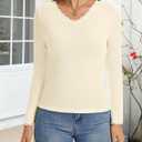 Womens Long Sleeve Lace T-Shirts V Neck Layering Basic Shirts Tops Slim Fit Stretch Undershirts Tee 2025 (Beige, M)