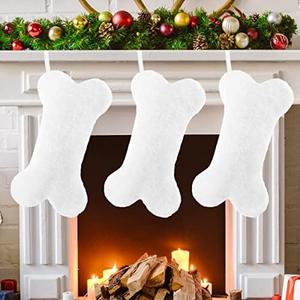 Waarms 3 Pack Snowy White Plush Dog Christmas Stockings, Bone Shape Faux Fur, Large Personalized Hanging Christmas Stockings for Dogs Pets Xmas Holiday Decoration