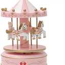 Vintage Pink Wooden Merry-Go-Round Horse Christmas Birthday Gift Carousel Music Box, Clockwork Mechanism Laxury Carousel Music Box