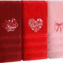 FuWeave 3 Pcs Valentine's Day Hand Towels Happy Valentine Day Pink Heart Embroidered Decorative Towels 13.4X 29.1 Inch 100% Cotton Absorbent Soft Decor Housewarming Gift