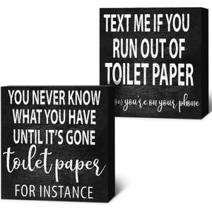 Jetec 2 Pieces Funny Farmhouse Bathroom Signs Black Wooden Rustic Box Signs Decor Bathroom Wall Art Toilet Paper Quotes for Home Guest Restroom Toilet Wall Shelf Decoration, 6 x 6 Inch