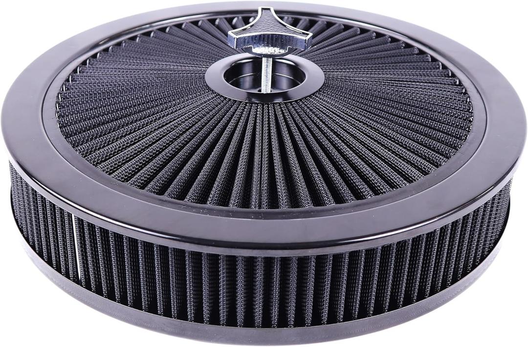 Round 14"x3" Air Cleaner Filter Assembly Kit Compatible with GMC Chevy Ford Chryler Dodge V8 Black 5-1/8" Carb Neck w/Flow-Thru Lid High Flow Chrome 4330ABK