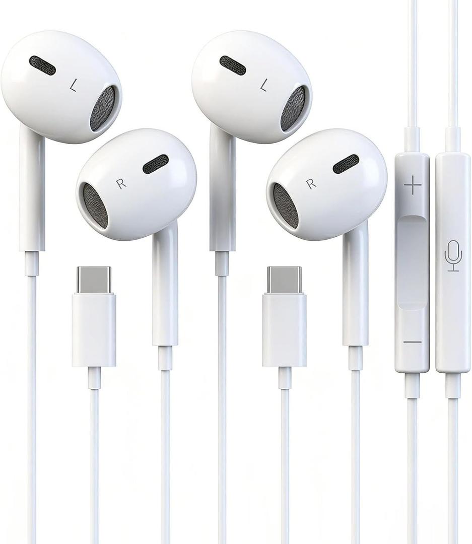 2 Packs USB C Headphones for iPhone 17/16/15 Earbuds with Mic & Volume Control, Type C Earphones Wired for iPhone 17 16 15 Pro Max, for iPad Pro, Galaxy S25/S24/S23/S22/S21/S20 Ultra Note 10/20