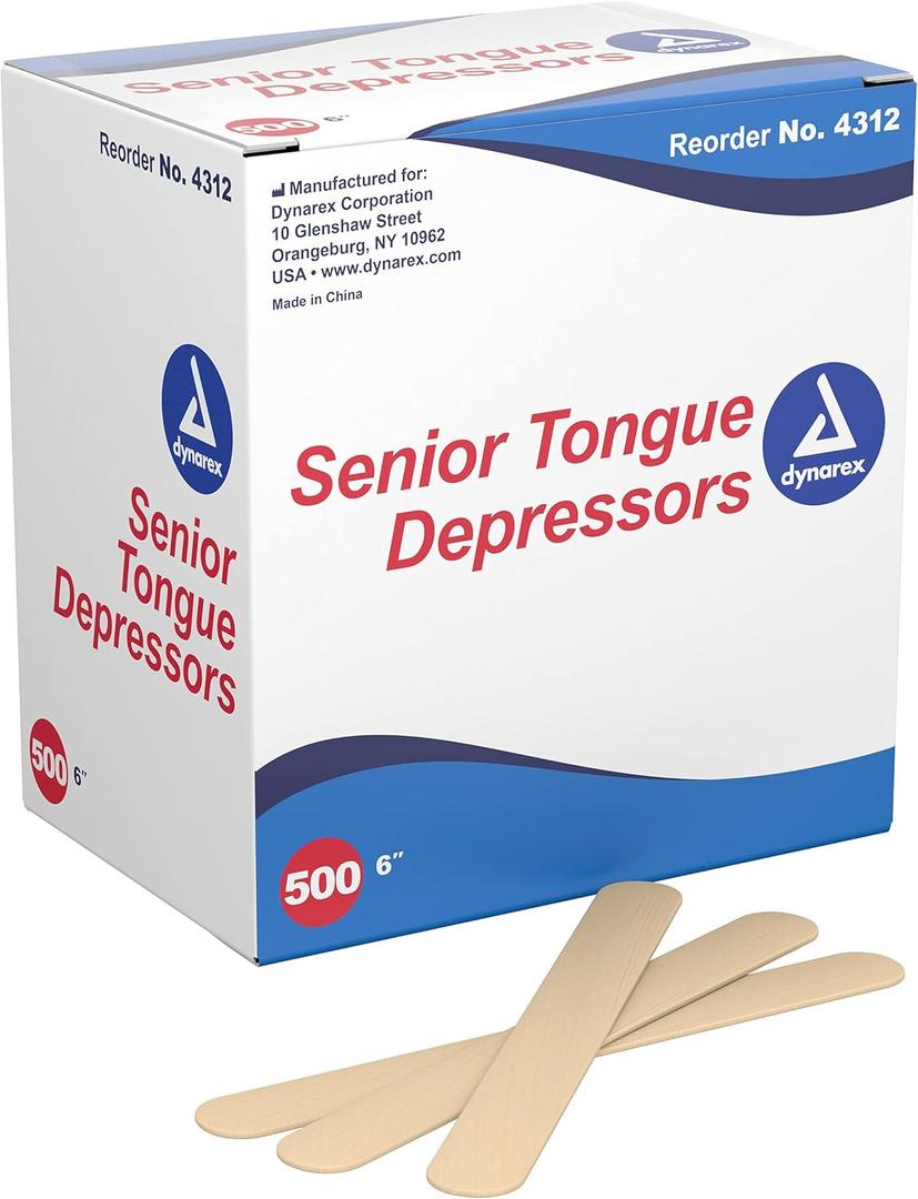 Dynarex Tongue Depressors Wood, Senior 6", Non-Sterile, with Precision Cut and Polished Smooth Edges, for Medical Uses, 1 Box of 500 Tongue Depressors