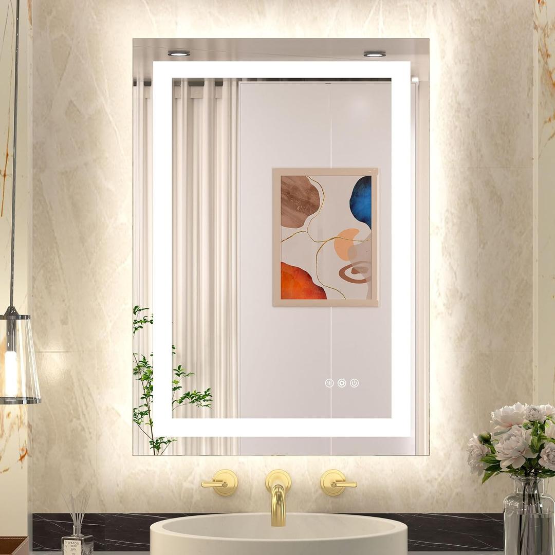 TETOTE LED Bathroom Mirror 20x28 Frontlit & Backlit Lighted Vanity Mirror Anti Fog Stepless Dimmable 3 Colors White/Warm/Natural,CRI90+ Double Lights,Wall-Mounted(Horizontal/Vertical)
