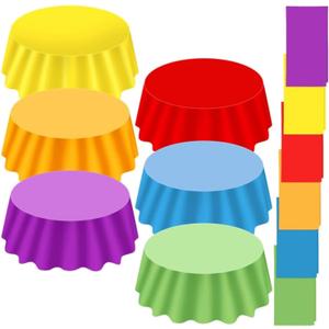 Ganeen 12 Pcs Colorful Tablecloth Neon Party Decorations 84 Inch Round Rainbow Table Cloths Plastic Tablecloth Disposable Round Plastic Pastel Table Cover for Wedding Birthday Party