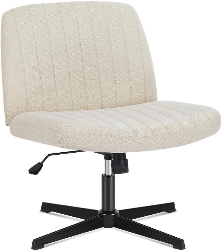 Criss Cross Chair Legged Office Wide Comfy Desk Seat, No Wheels Armless Computer Task Seating, Swivel Vanity Home Height Adjustable (Beige)