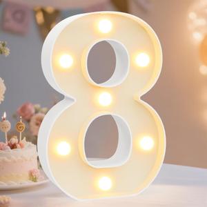 Decorative Led Light Up Number Letters, White Plastic Marquee Number Lights Sign Party Wedding Decor Battery Operated Number (8)