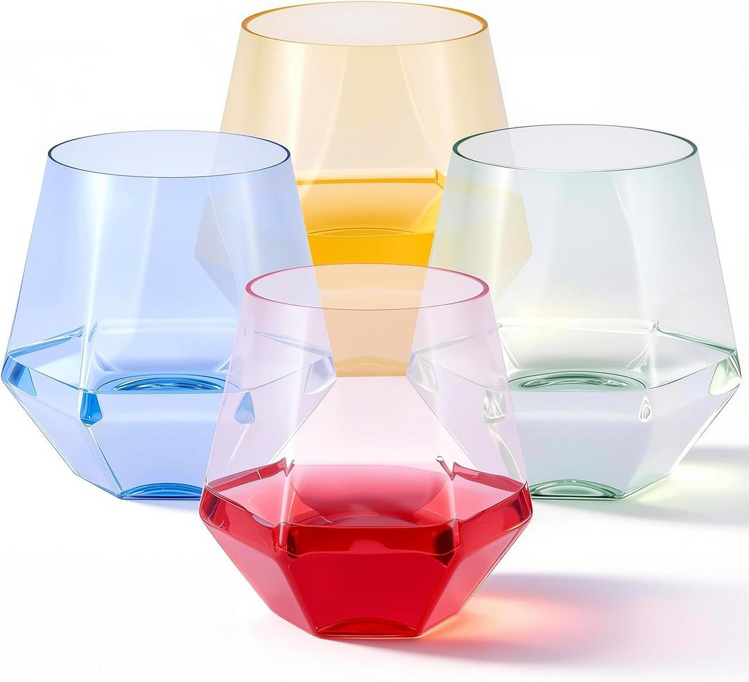 Goodluck 40 PCS Diamond Stemless Plastic Wine Whiskey Glasses, 12 Oz Disposable Cocktail Glasses, Suitable for Weddings, Birthday Parties, Family Gatherings, Bars, Multi-Color Cups