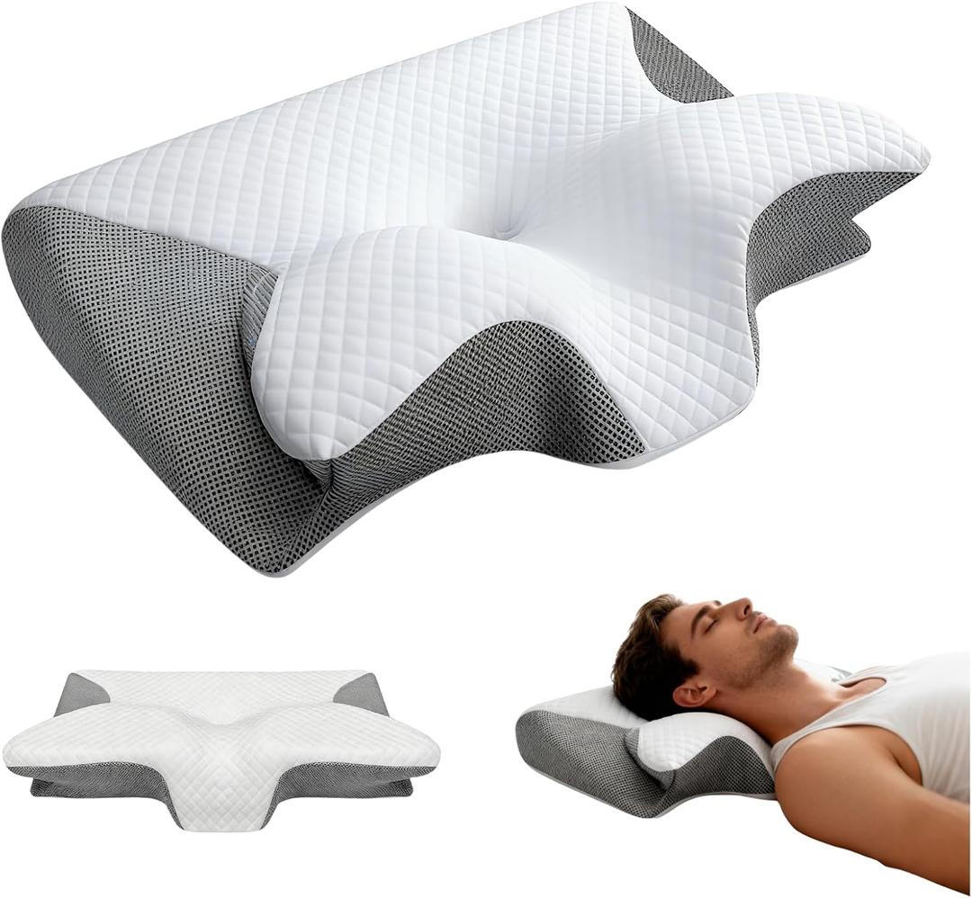 Ergonomic Cervical Pillow for Neck Support - Memory Foam Pillow for Side, Back & Stomach Sleepers, Orthopedic Design with Breathable Mesh Cover (Grey)