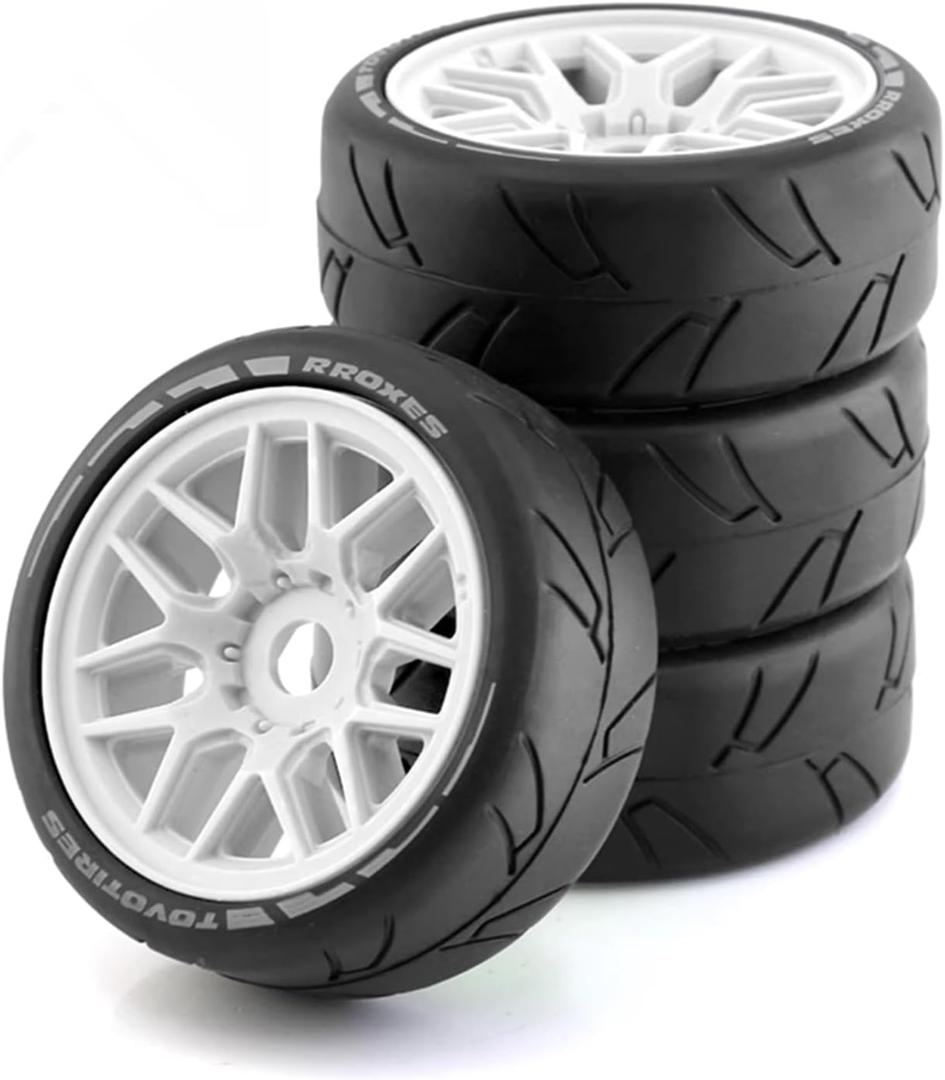 1/8 RC On Road Car Tires and Wheels Rims 17mm Hex 103mm Rubber Rally Tyres for 1:8 Scale RC On-Road Racing Car HPI WR8 HSP Hobao ARRMA Redcat Losi Kyosho VRX RC Rally Drift Car 4PCS (White)