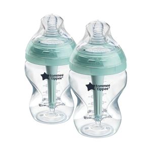Tommee Tippee Advanced Anti-Colic Baby Bottles, 0m+, Pack of 2, 9oz Baby Bottles, with Slow Flow Breast-Like Nipple for Natural Latch, Self-Sterilizing and BPA Free, Baby Feeding Essentials (2 Count (Pack of 1), CLEAR)