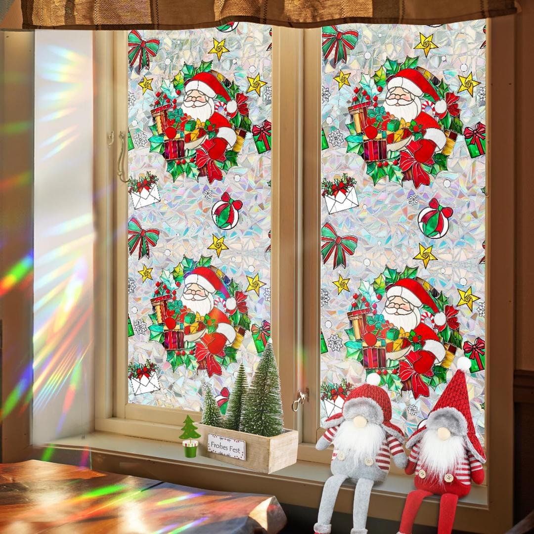 Christmas Window Stickers for Glass Rainbow Privacy Film Stained Stickers Santa Claus Window Film Christmas Balls Design Windows Decals for Home Party Supplies Glass Display Decor 17x 39.3 Inch (Style 14)