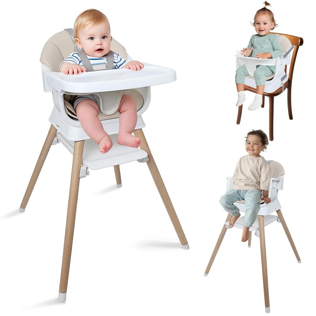 9 in 1 Convertible Baby High Chair with Booster, Wooden Highchair for Babies and Toddlers with Removable Tray & 5-Point Harness, Multi-Functional Growing Seat for Feeding, Learning & Play, Beige