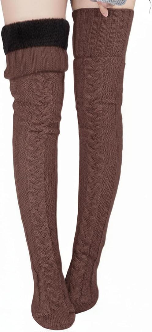 Suhine Women Fleece Lined Thigh High Sock over Knee Cable Knit Boot Sock Extra Long Winter Warm Thermal Stocking Leg Warmer (Brown)
